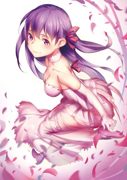 Anime picture 2480x3508 with fate (series) fate/stay night matou sakura pg (pgouwoderen) single long hair tall image looking at viewer blush fringe highres breasts light erotic smile hair between eyes large breasts purple eyes bare shoulders cleavage purple hair