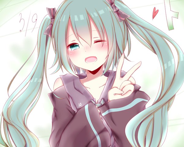 Anime picture 1500x1200 with vocaloid hatsune miku misa (kaeruhitode) single long hair looking at viewer blush open mouth twintails one eye closed aqua eyes wink aqua hair victory girl detached sleeves vegetables leek