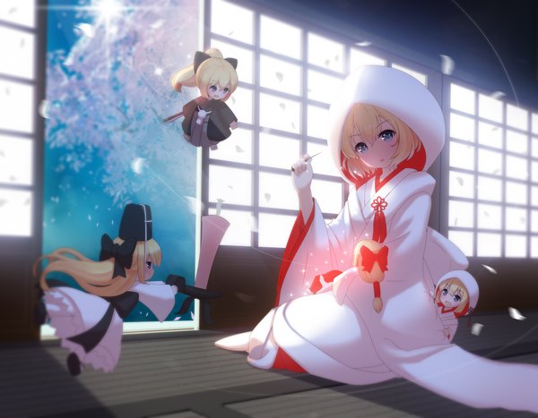 Anime picture 4503x3507 with touhou alice margatroid shanghai hourai fukuro ko (greentea) long hair looking at viewer fringe highres short hair open mouth blue eyes blonde hair hair between eyes sitting purple eyes multiple girls holding payot looking away