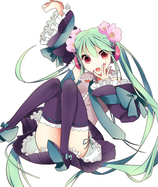 Anime picture 1200x1424 with vocaloid hatsune miku omucchan (omutyuan) single tall image open mouth simple background red eyes white background twintails very long hair hair flower green hair girl thighhighs hair ornament black thighhighs detached sleeves headphones