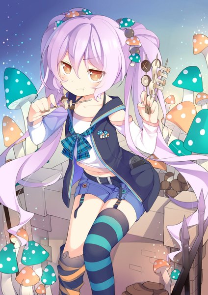 Anime picture 1414x2000 with original saru (longbb) single long hair tall image sitting twintails brown eyes purple hair loli girl thighhighs hair ornament food shorts striped thighhighs mushroom (mushrooms) shashlik