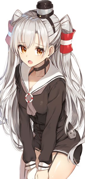 Anime picture 2000x4200 with kantai collection amatsukaze destroyer rikoma single long hair tall image looking at viewer blush fringe highres open mouth simple background hair between eyes white background brown eyes silver hair long sleeves :o fang (fangs) two side up