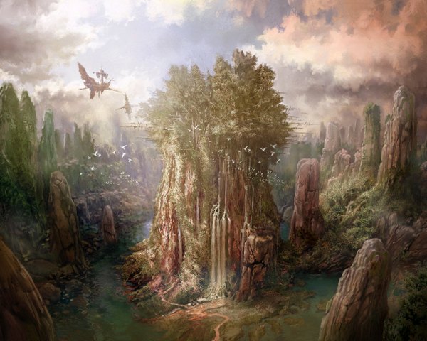 Anime picture 1280x1024 with aion nc japan (pixiv) landscape scenic rock waterfall plant (plants) tree (trees) water aircraft watercraft ship airship