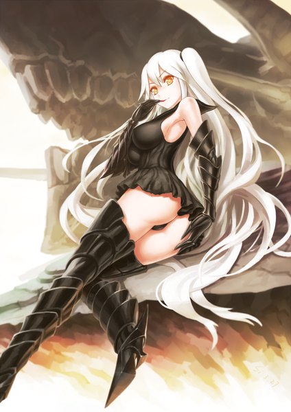 Anime picture 1052x1488 with kantai collection armored aircraft carrier oni si (ruanmumu) single tall image fringe breasts open mouth light erotic large breasts bent knee (knees) ass white hair very long hair looking back armpit (armpits) orange eyes pantyshot sideboob side ponytail