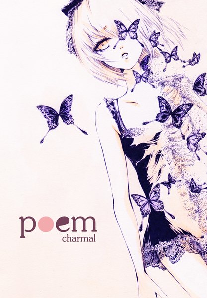 Anime picture 696x1000 with original charmal (pixiv) single tall image fringe short hair blonde hair bare shoulders yellow eyes hair over one eye inscription skeleton girl insect butterfly nightie