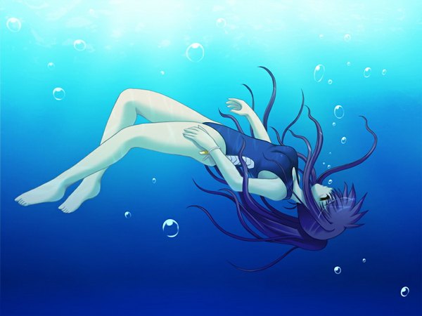 Anime picture 1024x768 with sakura machizaka stories (game) long hair game cg purple hair underwater girl swimsuit one-piece swimsuit school swimsuit