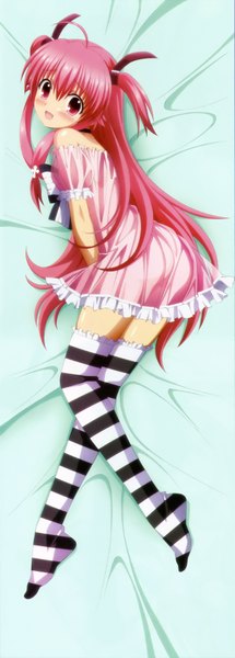 Anime picture 1251x3492 with angel beats! key (studio) yui (angel beats!) single long hair tall image blush open mouth simple background smile pink hair lying braid (braids) pink eyes looking back two side up twin braids third-party edit dakimakura (medium) stitched