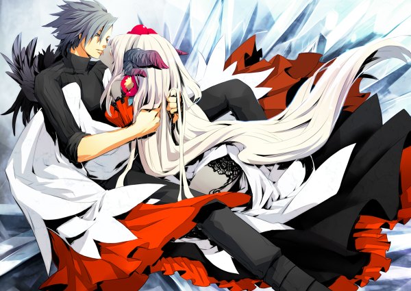 Anime picture 1200x850 with original pixiv fantasia gin (oyoyo) long hair short hair black hair white hair eyes closed long sleeves horn (horns) couple hug black wings kiss girl boy detached sleeves