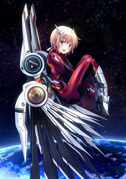 Anime picture 1000x1412 with original ugume single tall image looking at viewer blush fringe short hair open mouth blue eyes blonde hair bent knee (knees) from above night night sky head wings space between thighs mechanical mechanical wings