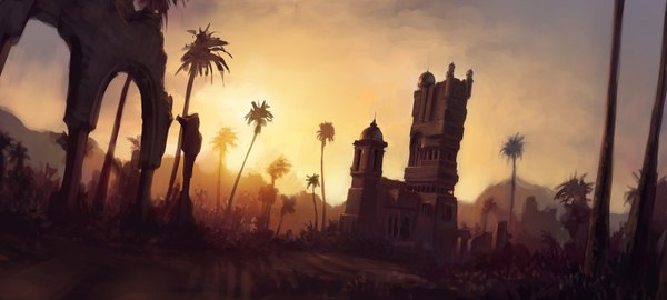 Anime picture 1600x720 with original aspeckofdust (artist) wide image sky evening sunset landscape plant (plants) tree (trees) building (buildings) palm tree