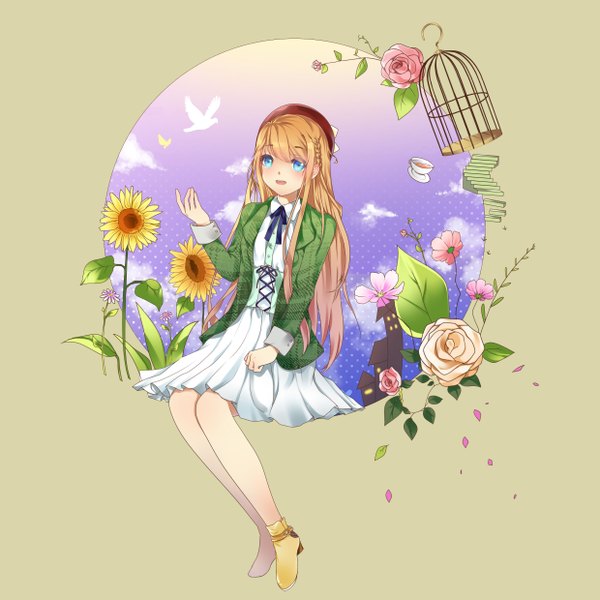 Anime picture 2480x2480 with original yuri (artist) single long hair highres open mouth blue eyes blonde hair girl dress flower (flowers) animal petals bird (birds) beret cup cage
