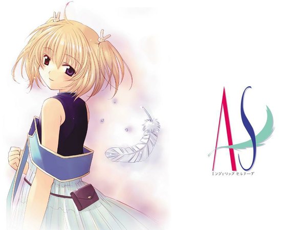 Anime picture 1024x768 with angelic serenade lasty farson naruse chisato single fringe short hair blonde hair hair between eyes white background looking back two side up wallpaper heterochromia girl feather (feathers)