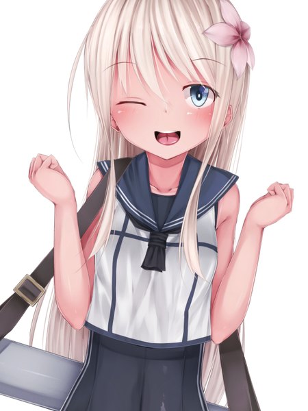 Anime picture 1200x1600 with kantai collection ro-500 submarine waterdog single long hair tall image blush open mouth blue eyes simple background blonde hair smile white background one eye closed hair flower wink girl hair ornament flower (flowers) sailor suit