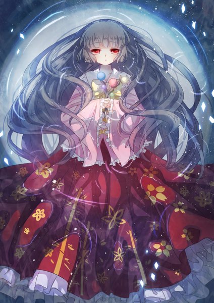 Anime picture 2480x3508 with touhou houraisan kaguya emia wang single long hair tall image highres black hair red eyes traditional clothes girl water branch