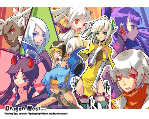 Anime picture 1280x1024 with dragon nest archer (dragon nest) sorceress (dragon nest) cleric (dragon nest) warrior (dragon nest) ziyoling long hair open mouth blue eyes blonde hair smile red eyes twintails purple eyes multiple girls green eyes blue hair cleavage purple hair white hair