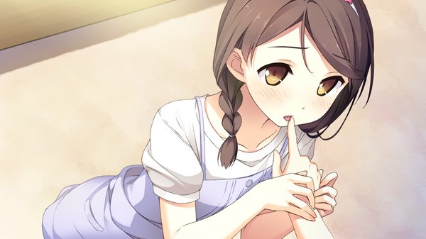 Anime picture 1920x1080 with your diary hirosaki kanade kantoku long hair blush highres brown hair wide image brown eyes game cg braid (braids) finger to mouth girl dress