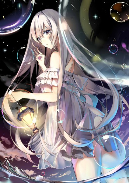 Anime picture 1000x1414 with original kouyafu single long hair tall image looking at viewer blush fringe breasts hair between eyes standing bare shoulders sky outdoors looking back grey hair from behind night from below grey eyes