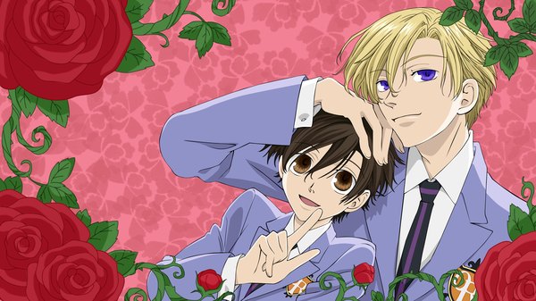 Anime picture 1920x1080 with ouran high school host club studio bones fujioka haruhi suou tamaki looking at viewer highres short hair blonde hair smile brown hair wide image brown eyes fingernails lips happy looking up hand on another's head girl boy uniform