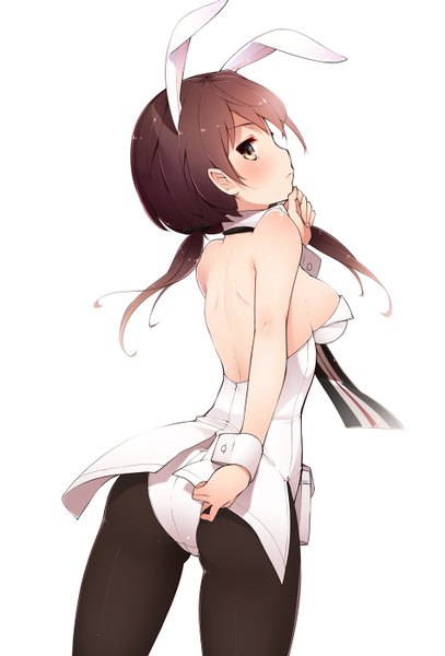 Anime picture 950x1400 with strike witches gertrud barkhorn kinakomoti (artist) single long hair tall image looking at viewer blush breasts light erotic simple background brown hair large breasts standing white background twintails bare shoulders brown eyes animal ears ass