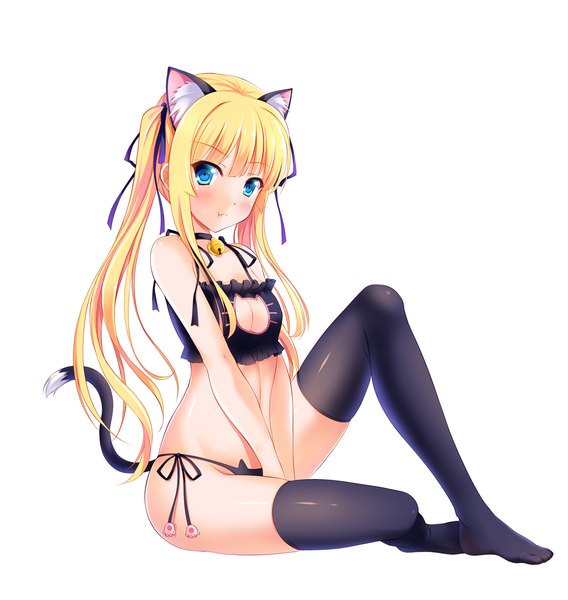 Anime picture 1200x1266 with saenai heroine no sodatekata a-1 pictures sawamura spencer eriri bashen chenyue single long hair tall image looking at viewer blush blue eyes light erotic simple background blonde hair white background twintails animal ears tail animal tail cat ears cat girl