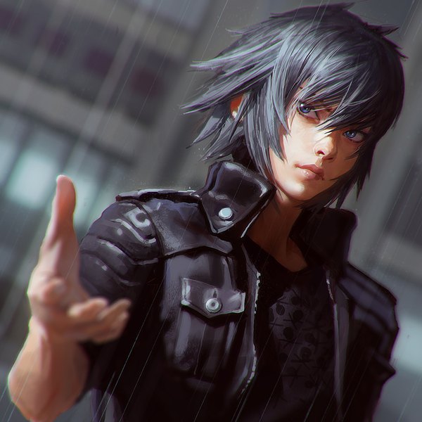 Anime picture 1080x1080 with final fantasy final fantasy xv square enix noctis lucis caelum ilya kuvshinov single fringe short hair hair between eyes looking away upper body outdoors grey hair blurry realistic open jacket grey eyes rain outstretched hand boy
