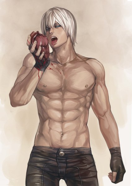 Anime picture 876x1236 with devil may cry dante (devil may cry) dantewontdie single tall image looking at viewer short hair open mouth blue eyes light erotic simple background white hair topless muscle boy gloves navel heart tongue fingerless gloves