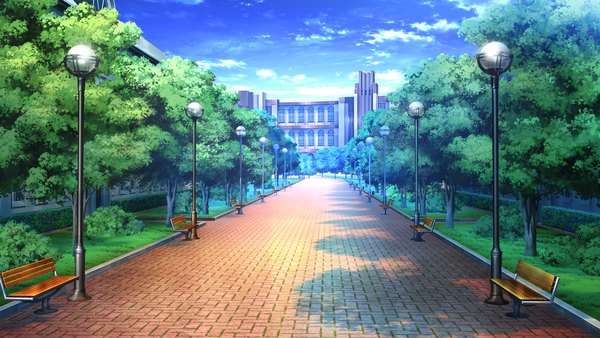 Anime picture 2657x1500 with nosferatu no omocha highres wide image game cg sky cloud (clouds) landscape plant (plants) tree (trees) bench road