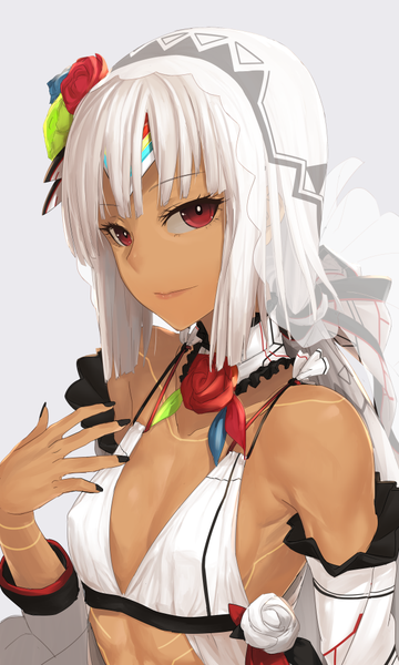 Anime picture 600x1000 with fate (series) fate/grand order altera (fate) i-pan single tall image looking at viewer fringe short hair light erotic simple background red eyes bare shoulders cleavage upper body white hair nail polish hair flower fingernails light smile