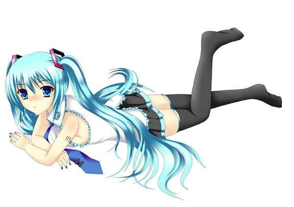 Anime picture 1140x807 with vocaloid hatsune miku blue eyes white background twintails green hair no shoes girl thighhighs black thighhighs