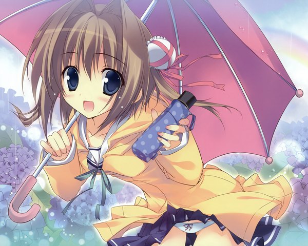 Anime picture 2500x2000 with da capo da capo ii asakura yume karory single looking at viewer blush highres short hair open mouth blue eyes light erotic brown hair hair bun (hair buns) rain skirt lift girl uniform underwear panties