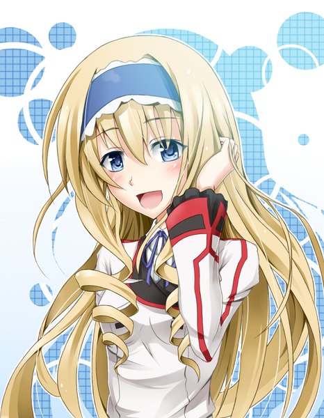 Anime picture 1400x1800 with infinite stratos 8bit cecilia orcott flask (pandora) single long hair tall image open mouth blue eyes blonde hair girl uniform school uniform hairband