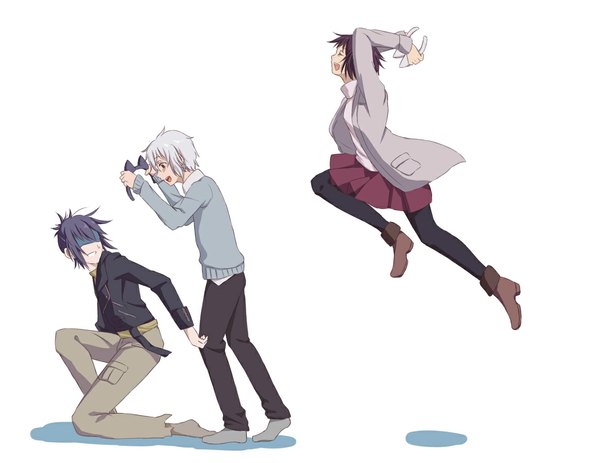 Anime picture 1165x899 with no.6 studio bones nezumi (no.6) shion (no.6) safu (no.6) short hair open mouth black hair simple background red eyes white background silver hair eyes closed multiple boys girl boy skirt jacket 2 boys sweater