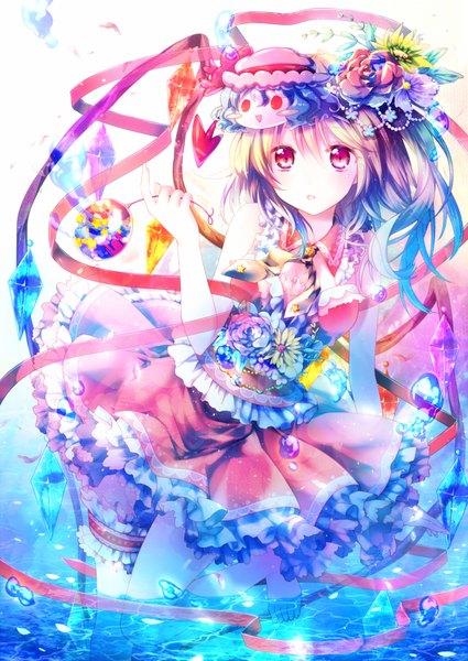 Anime picture 650x917 with touhou flandre scarlet riichu single long hair tall image blonde hair ponytail traditional clothes pink eyes hair flower side ponytail girl hair ornament flower (flowers) ribbon (ribbons) wings water frills water drop