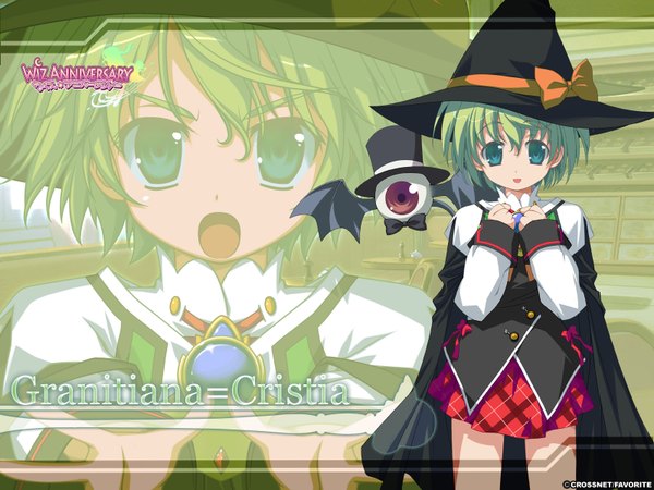 Anime picture 1600x1200 with wiz anniversary granitiana cristia short hair blue eyes green hair zoom layer girl skirt uniform bow school uniform hat cape witch hat