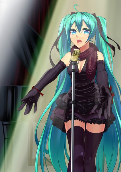 Anime picture 2149x3035 with vocaloid hatsune miku pon (pompokopon) tall image highres open mouth blue eyes twintails very long hair aqua hair singing girl thighhighs dress gloves ribbon (ribbons) black thighhighs hair ribbon elbow gloves microphone stand