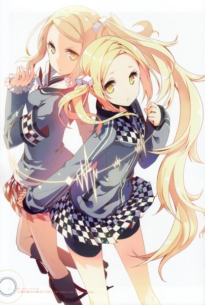 Anime picture 2037x3023 with h2so4 long hair tall image looking at viewer highres blonde hair simple background standing white background twintails multiple girls yellow eyes bent knee (knees) ponytail pleated skirt looking back from behind side ponytail checkered skirt girl