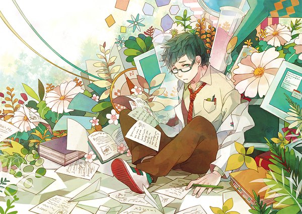 Anime picture 1000x709 with original anzu (astro75) single looking at viewer short hair sitting green eyes green hair open collar boy flower (flowers) plant (plants) glasses necktie book (books) paper pencil labcoat computer test tube