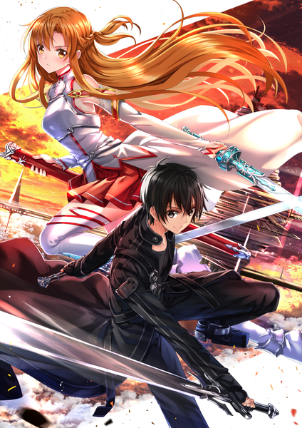 Anime picture 1102x1560 with sword art online a-1 pictures yuuki asuna kirigaya kazuto swordsouls long hair tall image looking at viewer fringe short hair black hair smile hair between eyes holding bent knee (knees) braid (braids) pleated skirt black eyes orange hair orange eyes