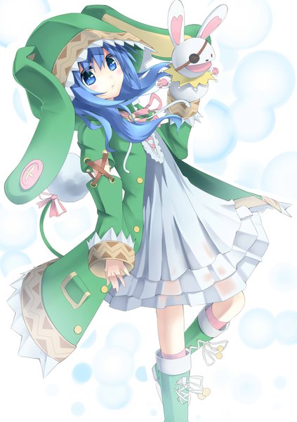 Anime picture 2834x4015 with date a live yoshino (date a live) yoshinon makadamia single long hair tall image highres blue eyes blue hair loli girl dress boots hood toy stuffed animal hand puppet