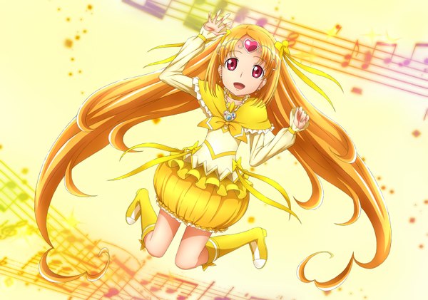 Anime picture 1567x1100 with precure suite precure toei animation shirabe ako cure muse (yellow) chikuyama (artist) single looking at viewer open mouth blonde hair red eyes twintails full body very long hair jumping girl dress hair ornament bow hair bow