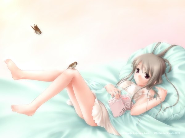 Anime picture 1024x768 with original shouna mitsuishi long hair looking at viewer fringe breasts light erotic bare shoulders payot full body bent knee (knees) lying pink eyes barefoot grey hair bare legs on back no shoes leg lift (legs lift) legs up