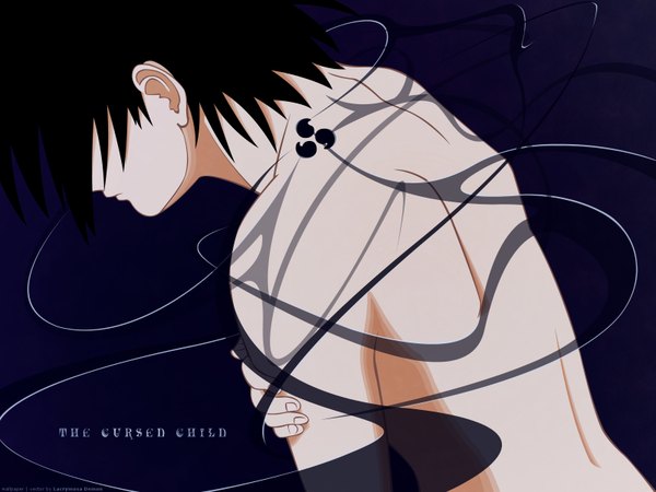 Anime picture 1600x1200 with naruto studio pierrot naruto (series) uchiha sasuke single short hair black hair profile inscription tattoo looking down dark background boy