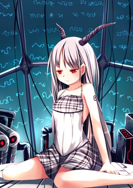 Anime picture 1158x1637 with original yan (nicknikg) single long hair tall image red eyes sitting silver hair barefoot horn (horns) bare legs girl dress sundress wire (wires)