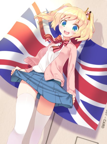 Anime picture 1121x1500 with kin-iro mosaic alice carteret komone ushio single tall image blush short hair open mouth blue eyes blonde hair smile twintails :d zettai ryouiki short twintails girl thighhighs skirt uniform hair ornament