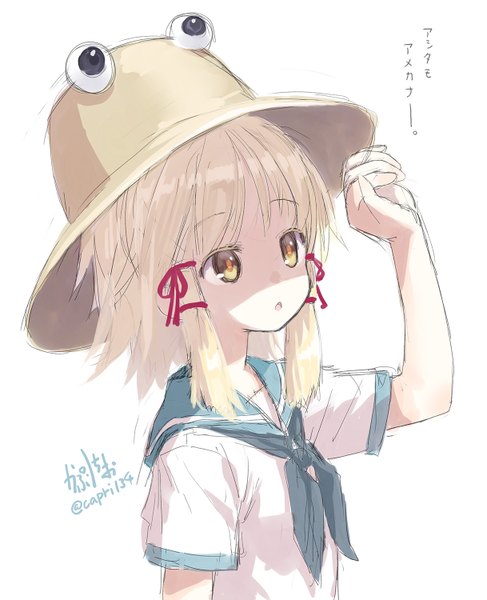 Anime picture 1217x1500 with touhou moriya suwako capriccio single tall image fringe short hair open mouth simple background blonde hair white background signed yellow eyes payot alternate costume text looking up girl uniform hat