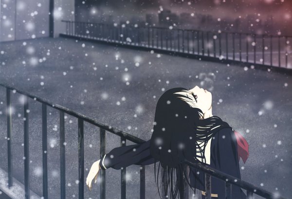 Anime picture 4782x3262 with hell girl studio deen enma ai oka mariko single long hair highres black hair red eyes absurdres outdoors from behind night night sky back city snowing looking up spread arms winter