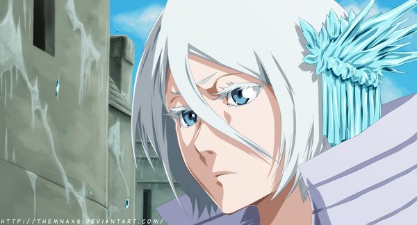 Anime picture 2500x1351 with bleach studio pierrot kuchiki rukia themnaxs single highres short hair blue eyes wide image sky cloud (clouds) white hair coloring close-up face girl building (buildings) ice