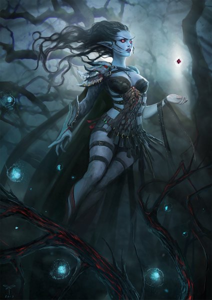 Anime picture 900x1273 with original telthona single long hair tall image black hair red eyes pointy ears night magic elf blue skin dark elf girl plant (plants) tree (trees) cape cloak necklace forest