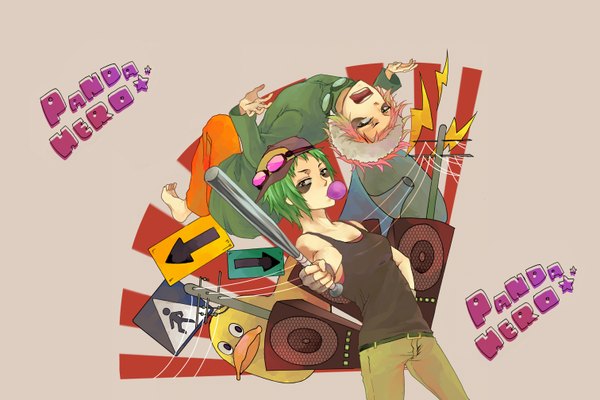 Anime picture 1512x1008 with vocaloid panda hero (vocaloid) gumi yuumi (artist) simple background pink hair barefoot green hair tattoo grin electricity girl hat jacket pants sunglasses cap traffic sign speakers baseball bat