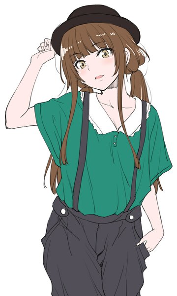 Anime picture 600x1000 with amagami kamizaki risa shouji nigou single long hair tall image looking at viewer blush fringe open mouth simple background brown hair white background twintails brown eyes low twintails hand in pocket casual girl hat